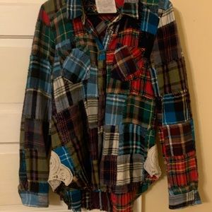 We the Free patchwork, multi-plaid, raw hem shirt. Lace trim on sides.